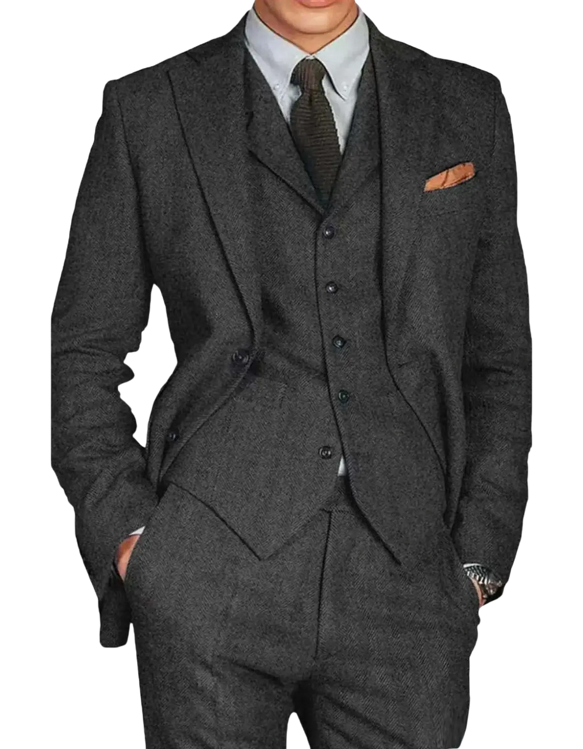 Men’s retro herringbone tweed dark gray wool three-piece slim suit with matching vest and trousers, light blue shirt, and dark tie