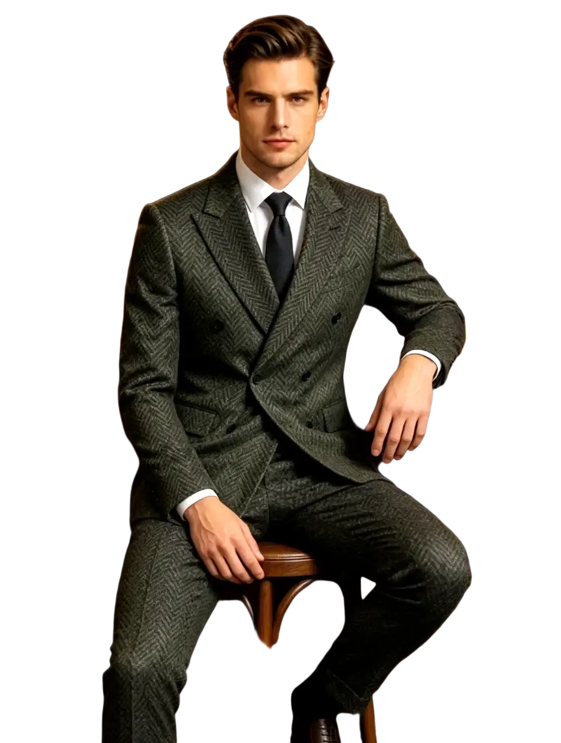 Men’s retro dark green herringbone wool suit with double-breasted jacket and matching slim trousers in tweed material