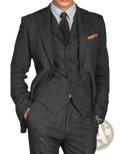 Men’s retro herringbone tweed dark gray wool three-piece slim suit with matching vest and trousers, light blue shirt, and dark tie