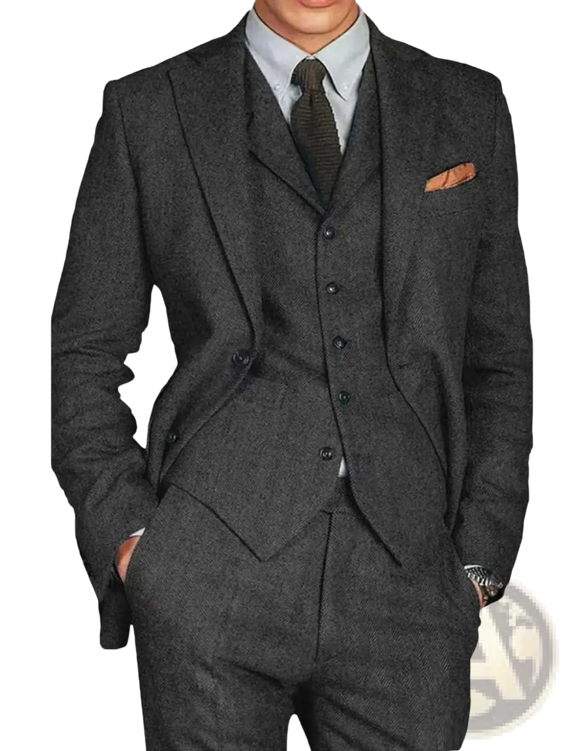 Men’s retro herringbone tweed dark gray wool three-piece slim suit with matching vest and trousers, light blue shirt, and dark tie