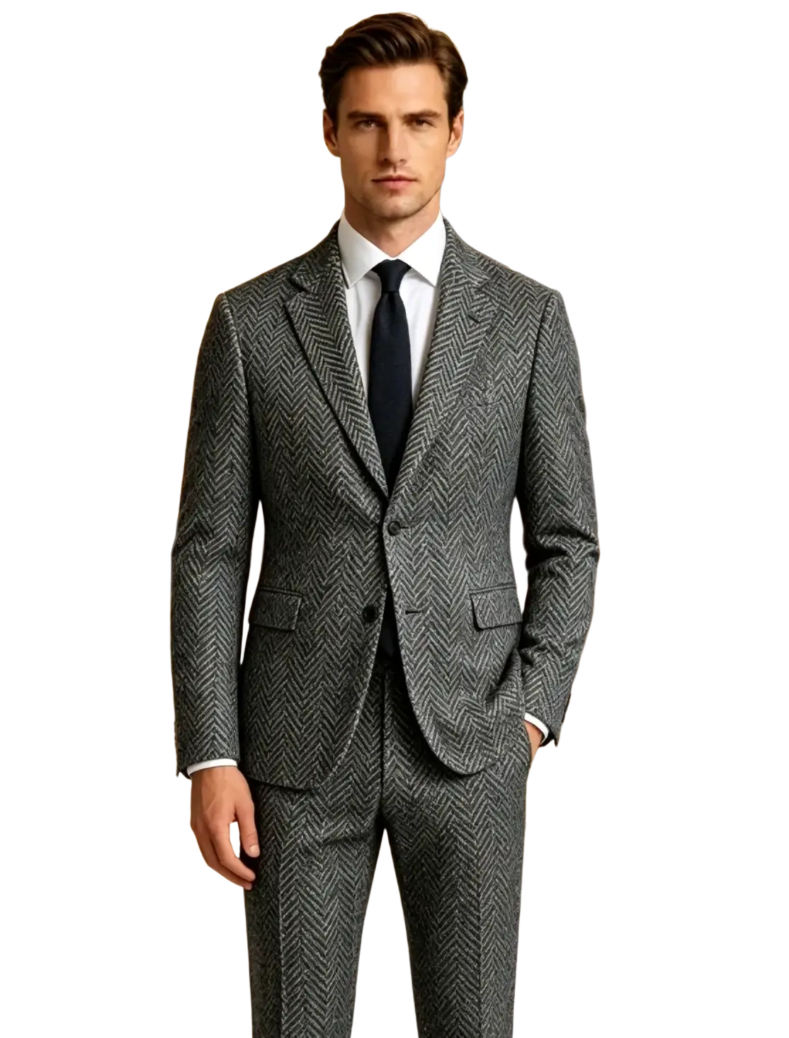 A sophisticated gray herringbone wool two-button suit with matching trousers from men’s retro tweed slim collection