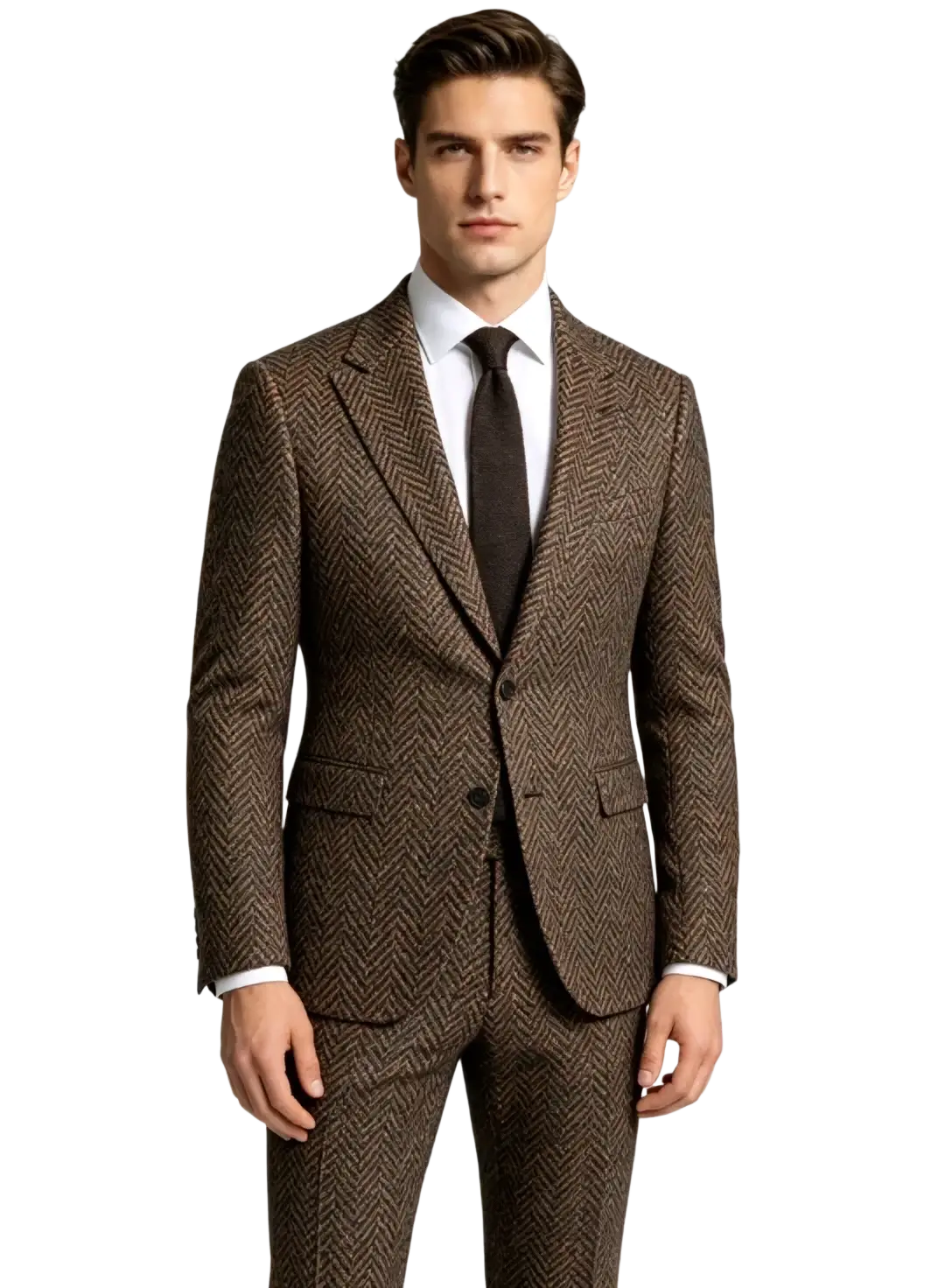A tailored brown herringbone wool men’s retro tweed 3-piece slim suit with a classic two-button design