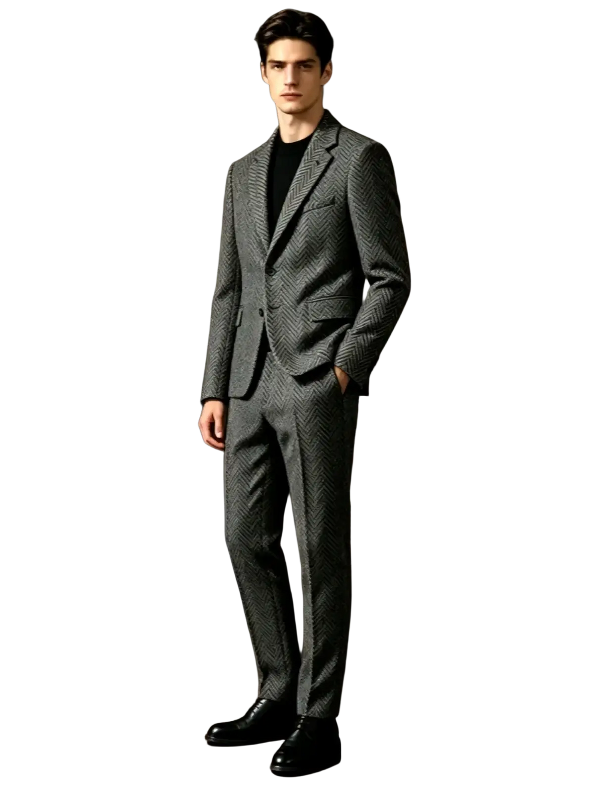 Men’s retro herringbone tweed 3-piece slim suit in charcoal gray wool with subtle textured pattern and double-breasted blazer