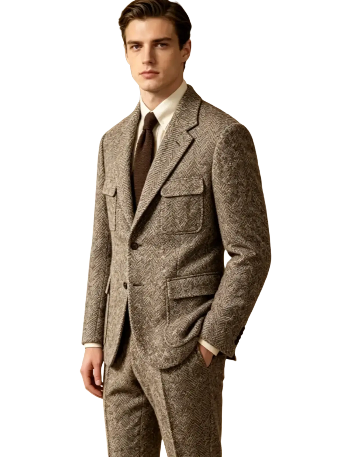Men’s retro herringbone tweed slim two-piece suit in earthy brown beige wool blend with classic flap pockets