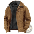 Men’s retro hooded casual jacket in brown with black fleece lining and silver zipper accents for cold weather use