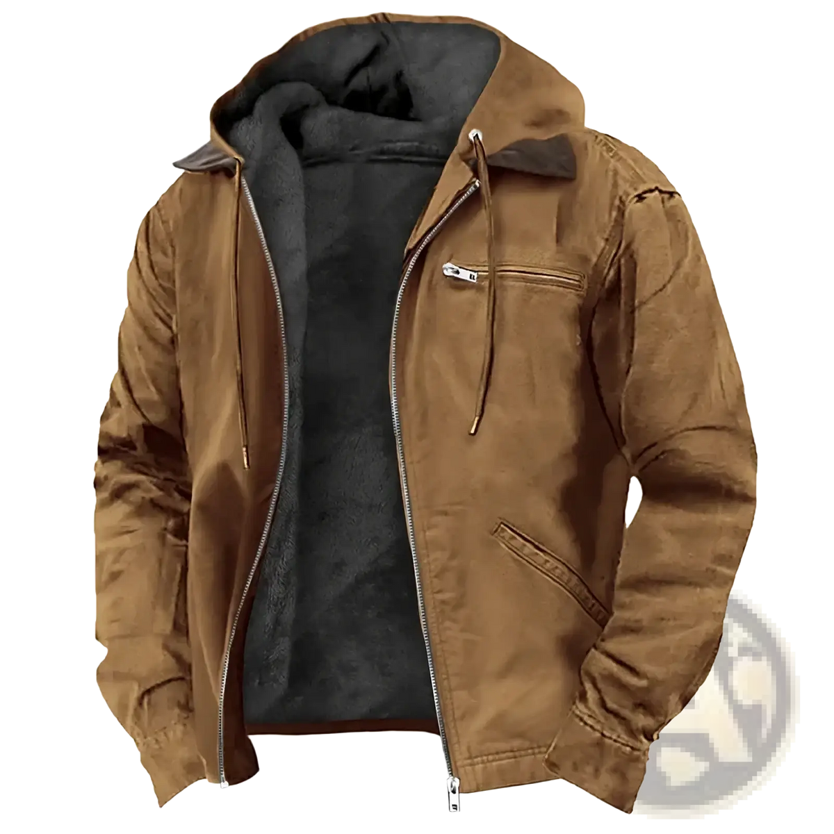 Men’s retro hooded casual jacket in brown with black fleece lining and silver zipper accents for cold weather use