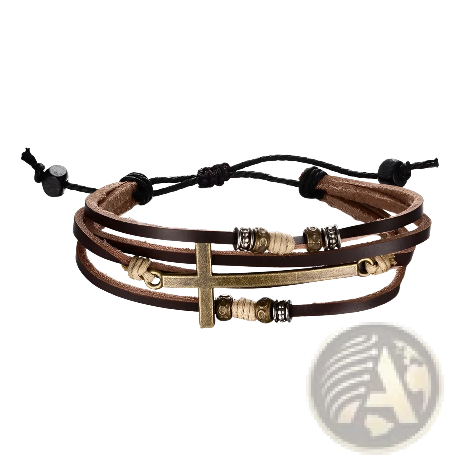 Men’s retro layered brown leather bracelet featuring a brass cross pendant and decorative metallic beads
