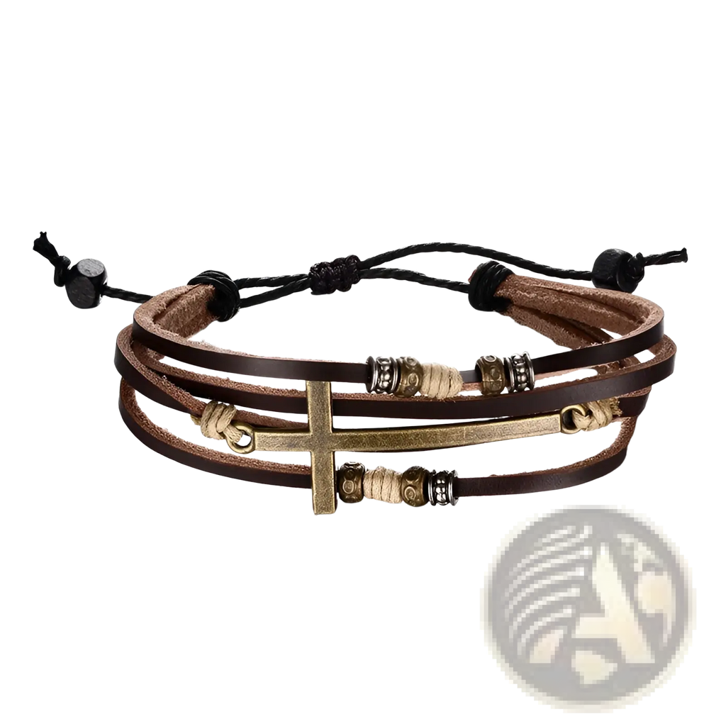 Men’s retro layered brown leather bracelet featuring a brass cross pendant and decorative metallic beads