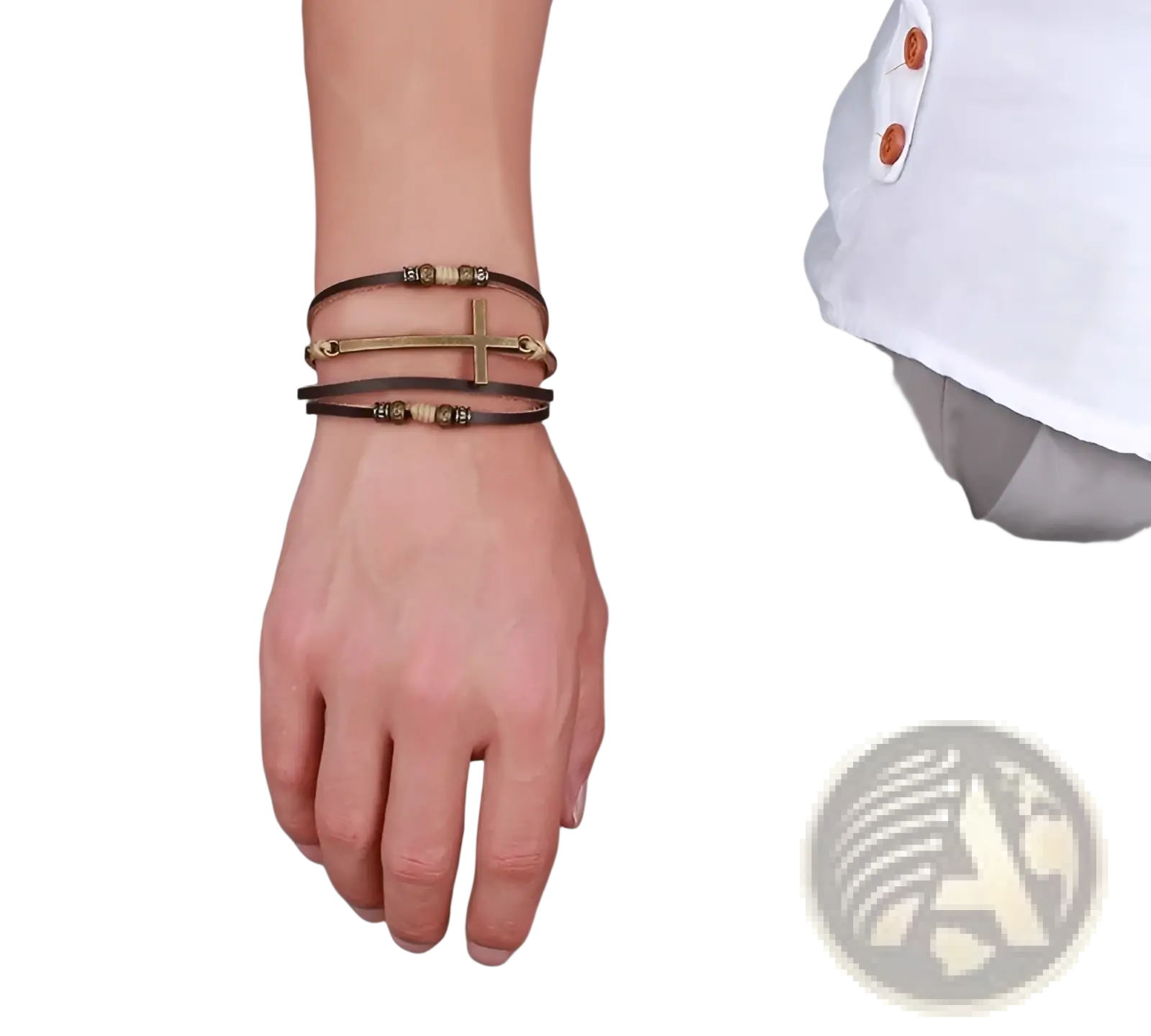 Men’s retro layered brown leather bracelet set featuring a brass cross and small metallic beads