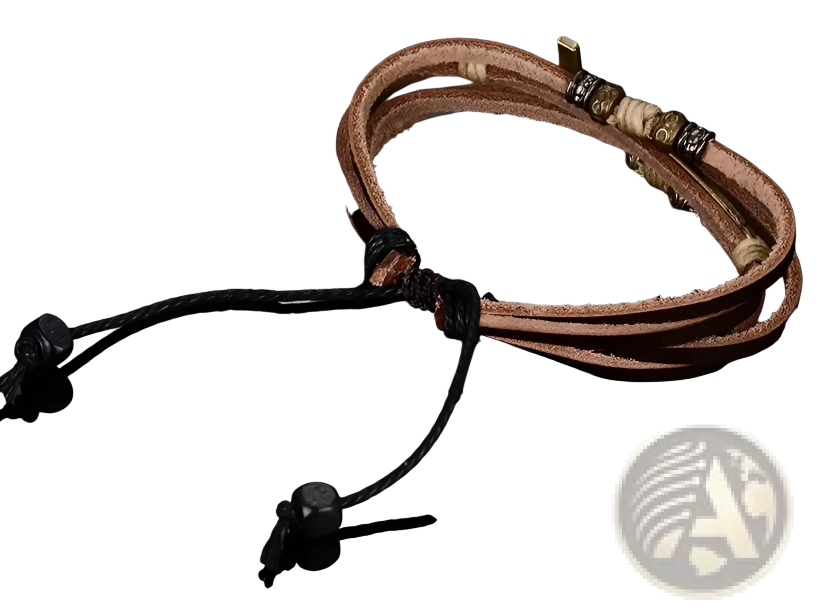 Men’s retro layered brown leather cross bracelet with multi-strand design black cord tie and metallic beads