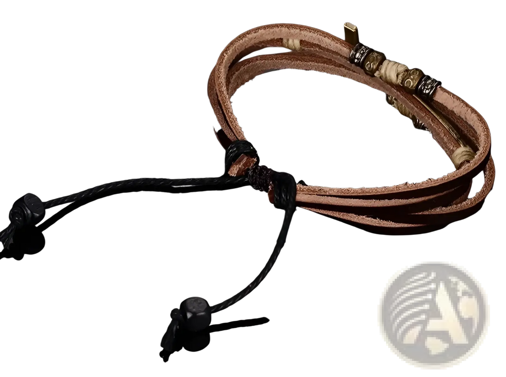 Men’s retro layered brown leather cross bracelet with multi-strand design black cord tie and metallic beads