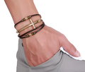 Mens retro layered brown leather cross bracelet featuring a gold-toned cross pendant and metallic beads
