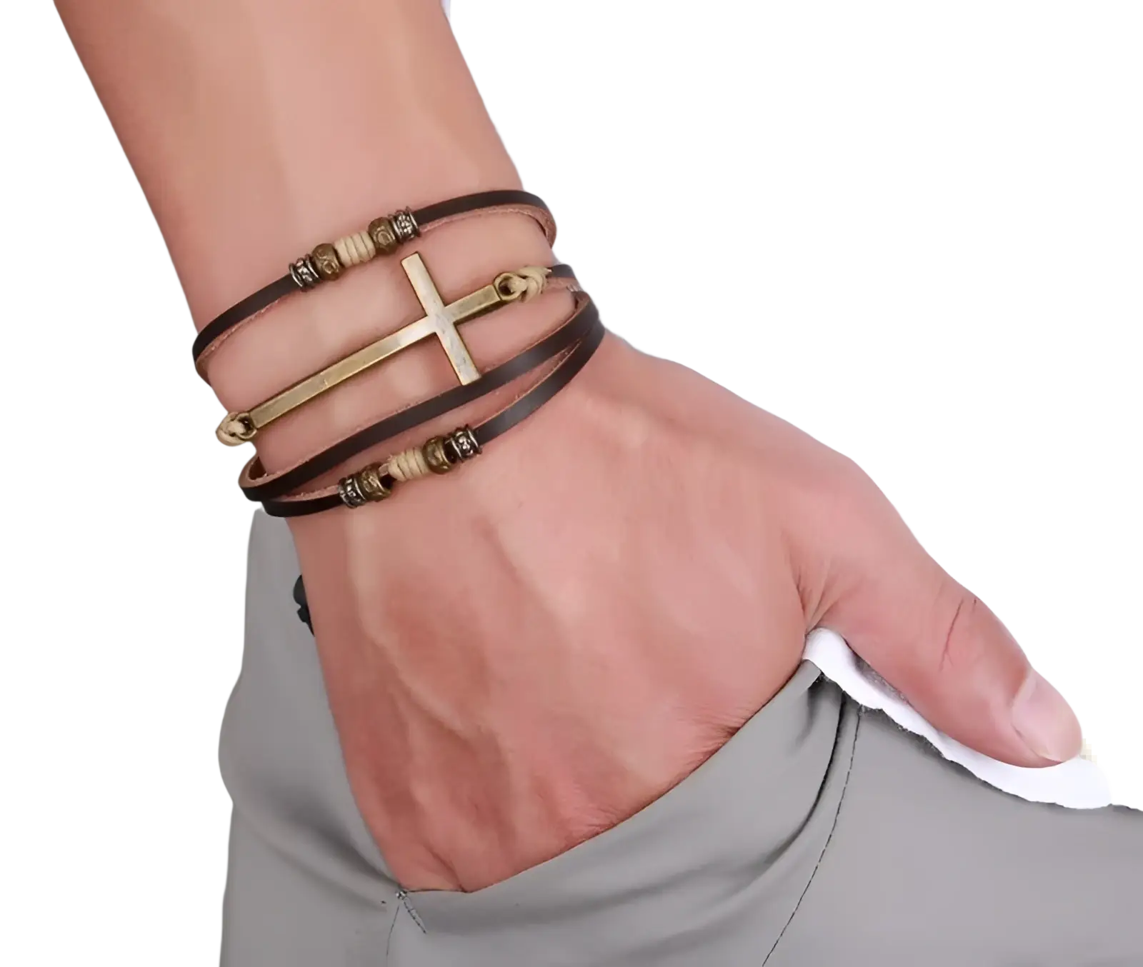 Mens retro layered brown leather cross bracelet featuring a gold-toned cross pendant and metallic beads