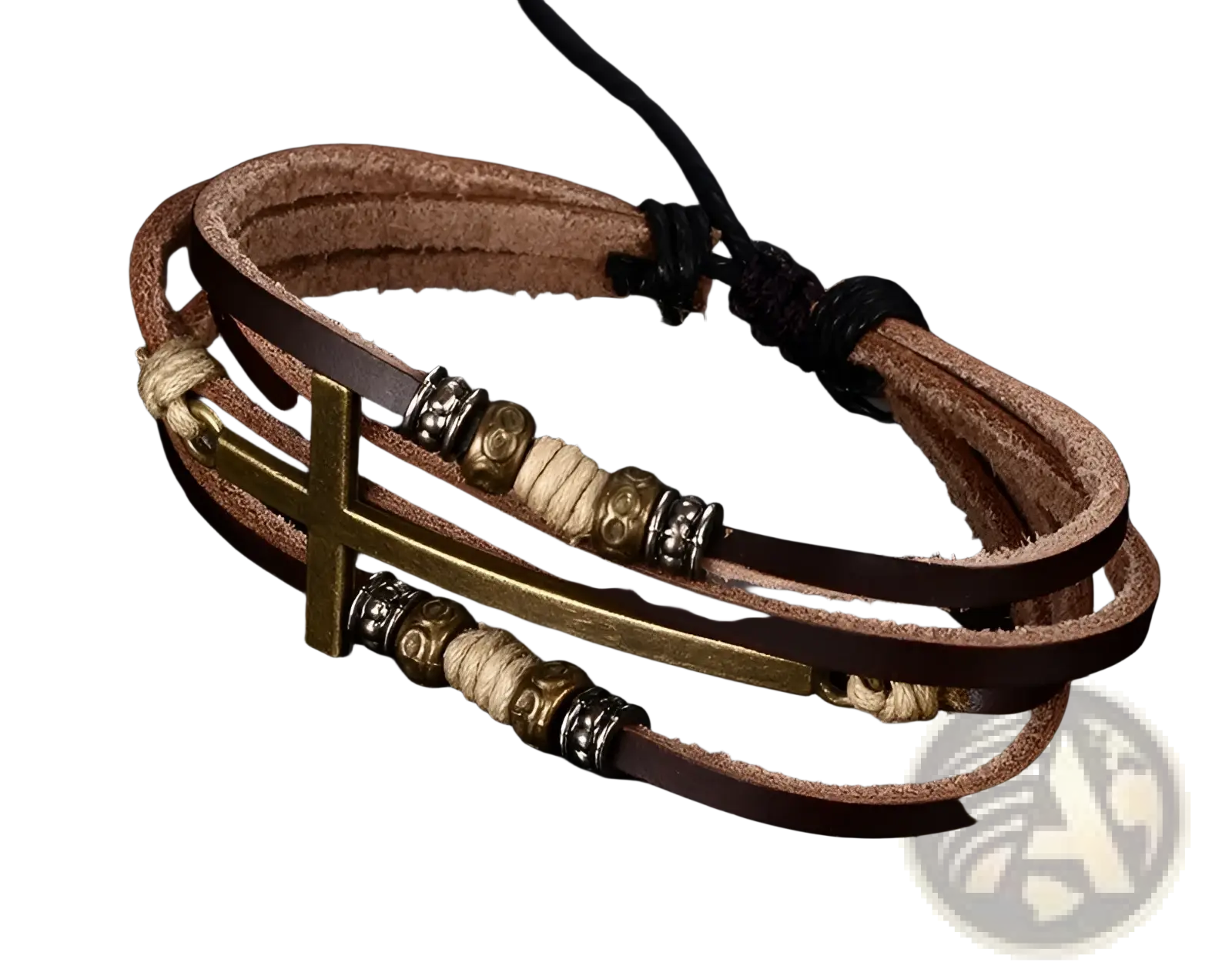 Men’s retro layered brown leather bracelet with brass cross and silver toned beads for a vintage style accessory