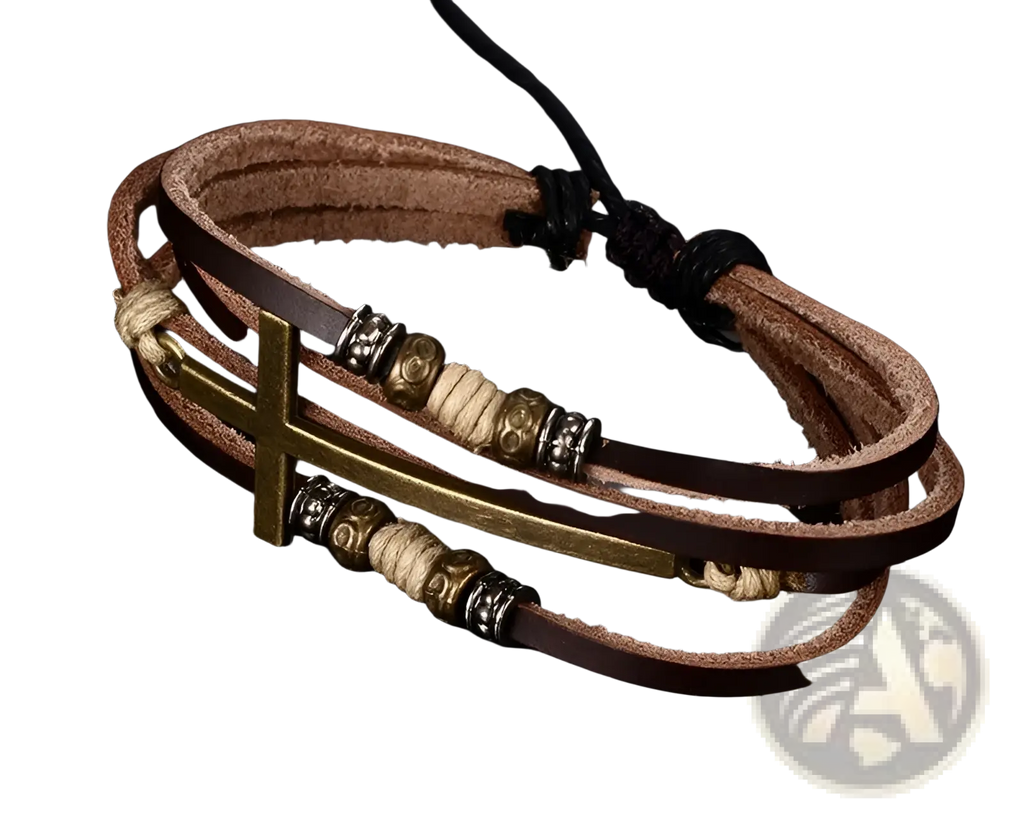 Men’s retro layered brown leather bracelet with brass cross and silver toned beads for a vintage style accessory