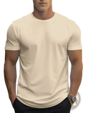 Men’s retro linen blend short sleeve t shirt in cream color with a fitted crew neck and smooth fabric texture