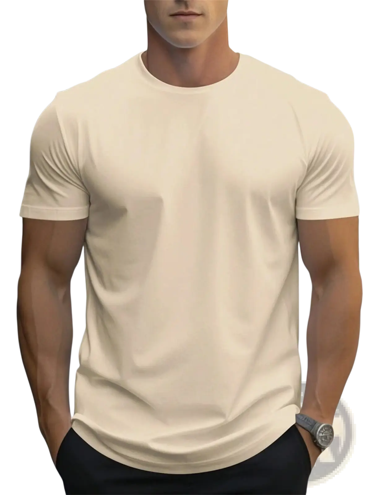 Men’s retro linen blend short sleeve t shirt in cream color with a fitted crew neck and smooth fabric texture