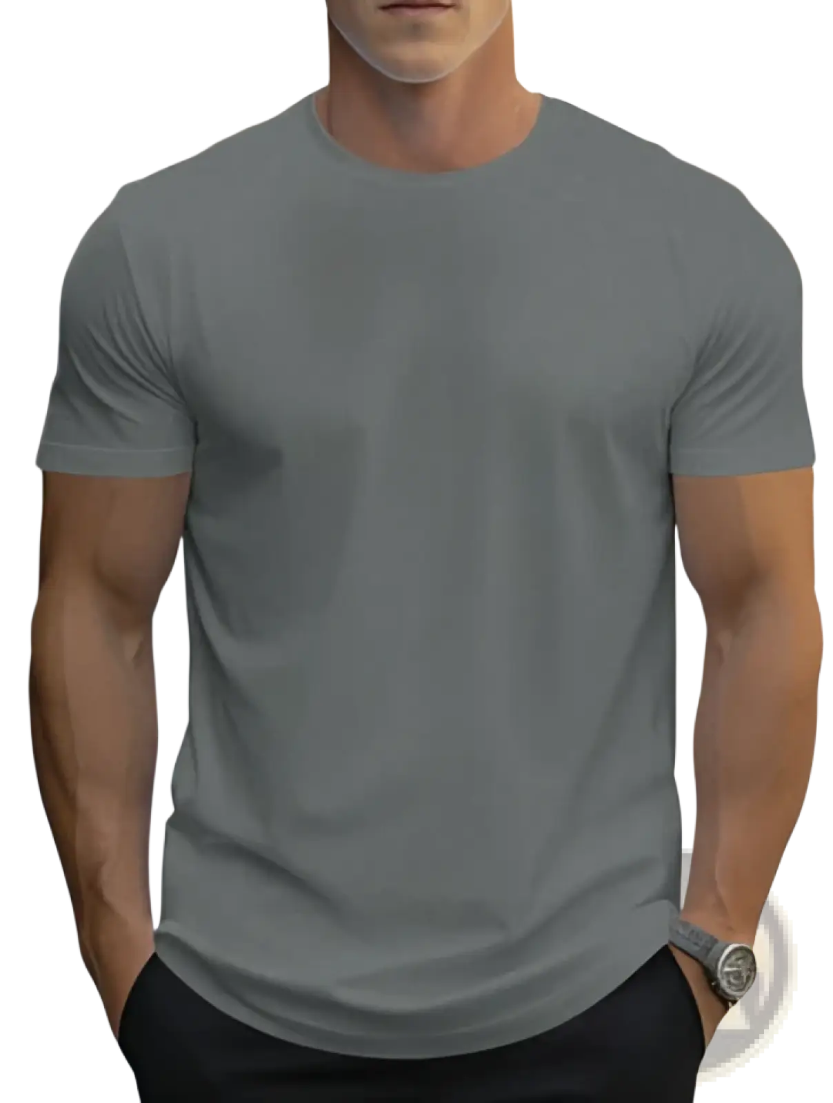 A sleek gray men’s retro linen blend loose fit short sleeve t shirt with a smooth fabric finish and crew neck