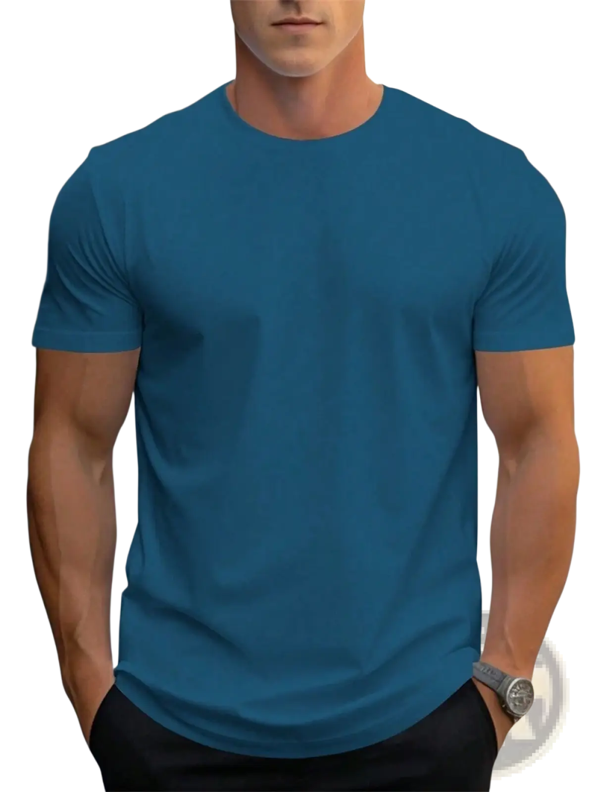 Men’s retro linen blend loose fit short sleeve t shirt in sleek solid teal with smooth fabric and crew neck design
