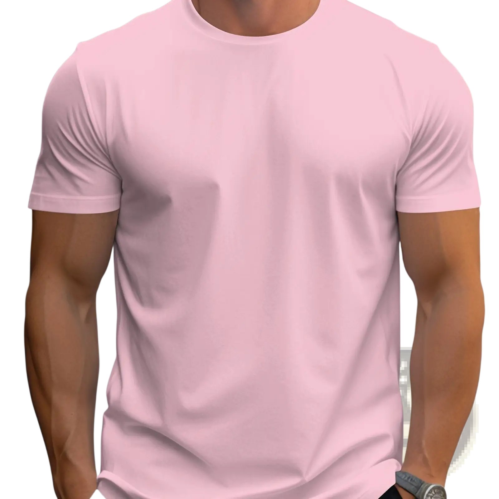 Men’s retro linen blend loose fit short sleeve t shirt in soft pink with a plain crew neck and smooth fabric