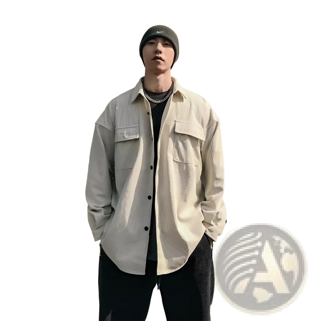 Men’s retro loose fit corduroy utility shirt jacket in beige with black buttons and two chest pockets
