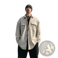 Men’s retro loose fit corduroy utility shirt jacket in beige with black buttons and two chest pockets