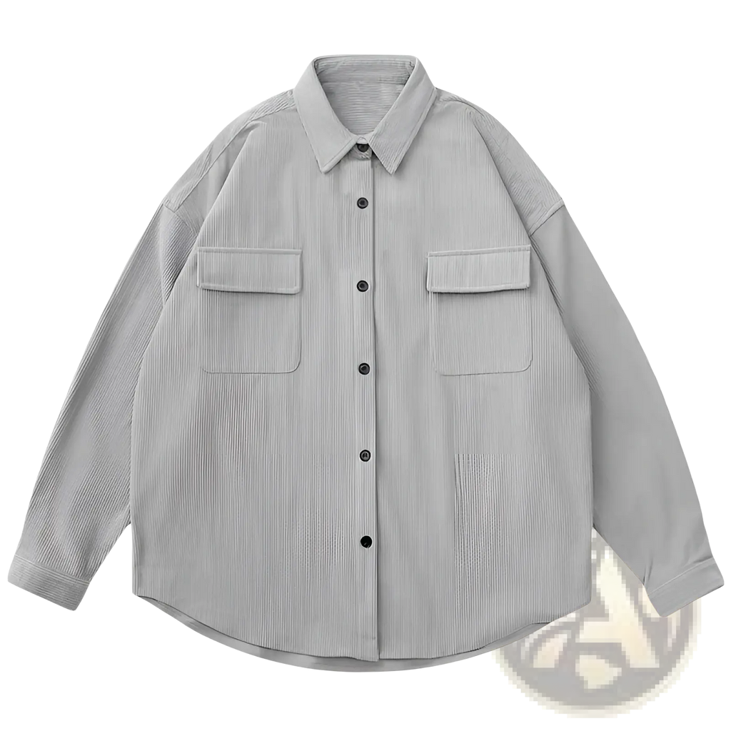 Men’s retro loose fit gray corduroy button-up utility shirt jacket with two chest pockets and black buttons