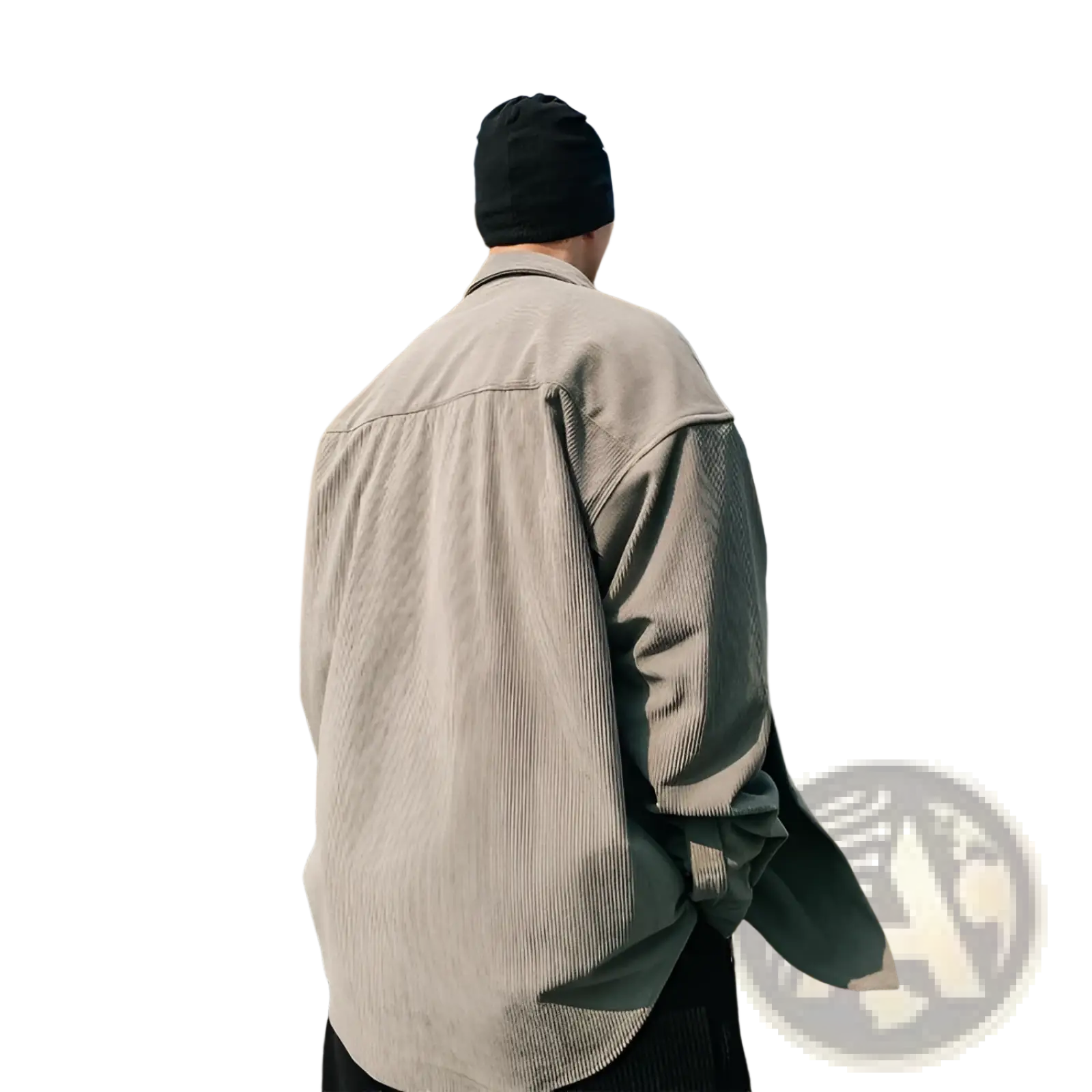 A man wearing a men’s retro loose fit corduroy utility shirt jacket in light gray with long sleeves and a black beanie