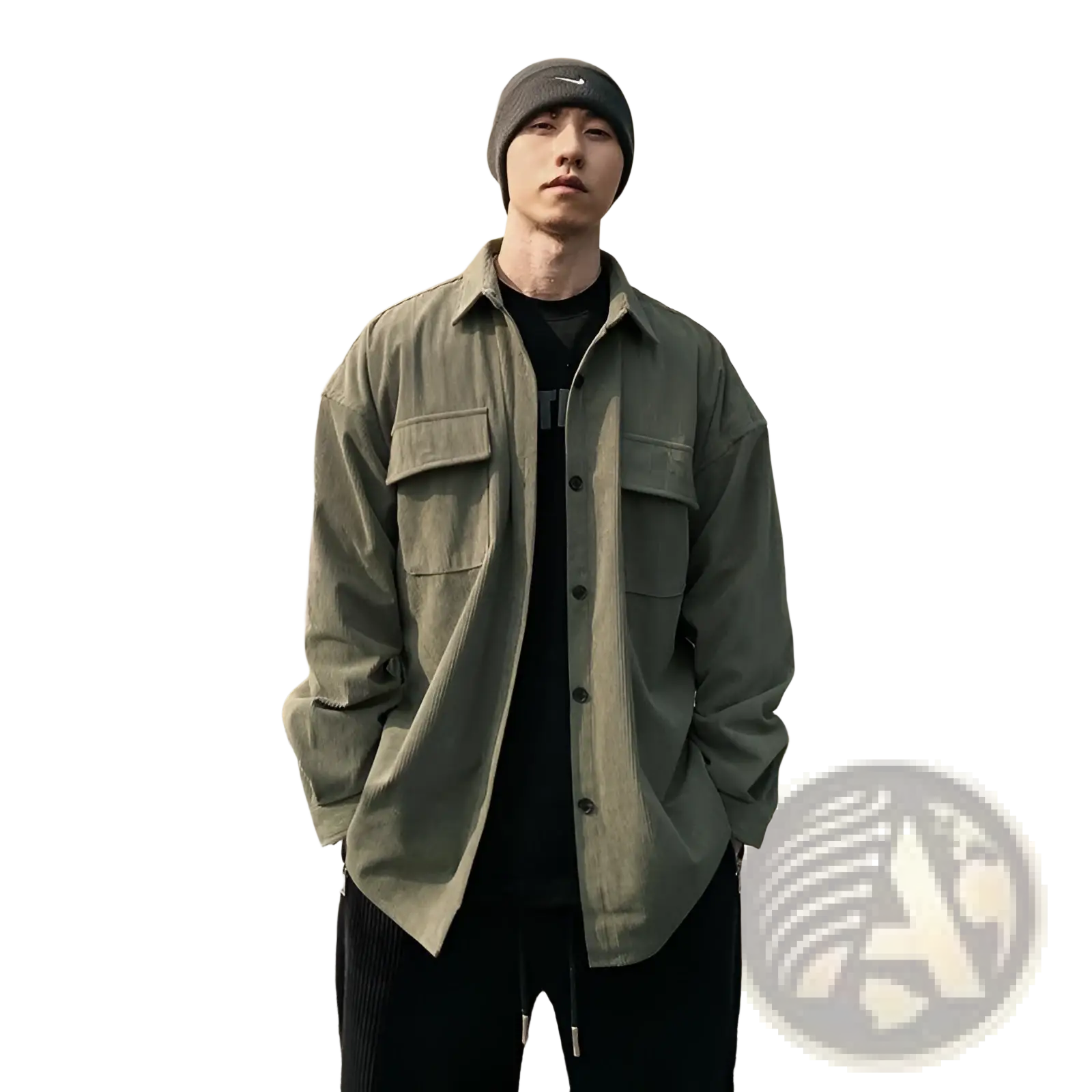 Men’s retro olive green corduroy button-up shirt jacket with two chest pockets and a relaxed loose fit
