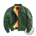 Men’s retro loose flight bomber jacket in olive green with bright orange lining and black zipper accents for workwear