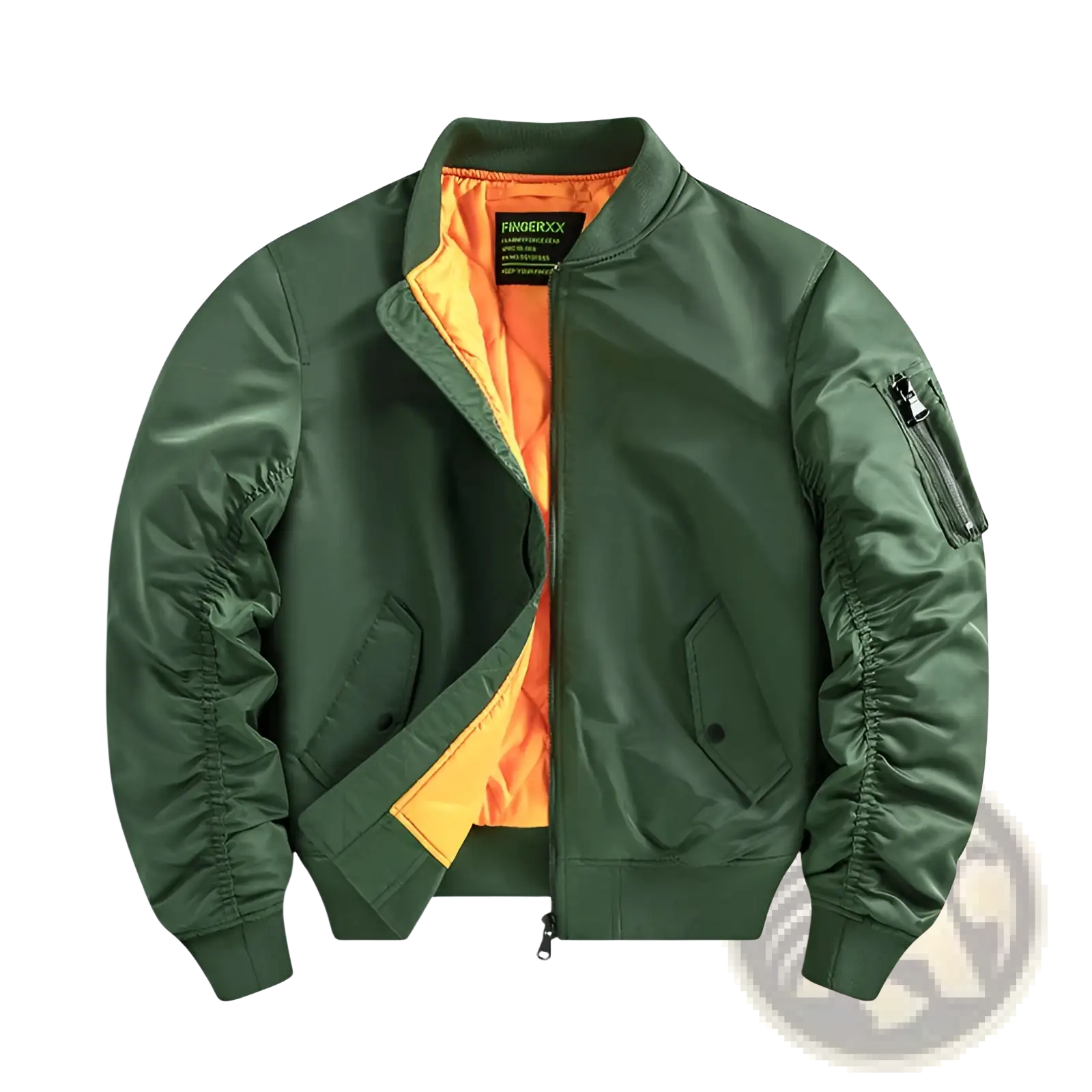 Men’s retro loose flight bomber jacket in olive green with bright orange lining and black zipper accents for workwear