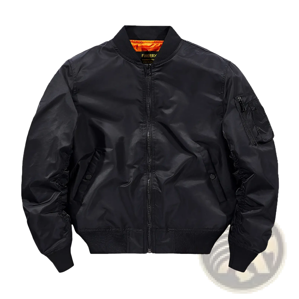 Men’s retro loose flight bomber jacket with shiny black nylon exterior, ribbed cuffs, waistband, and orange-lined fingerx collar