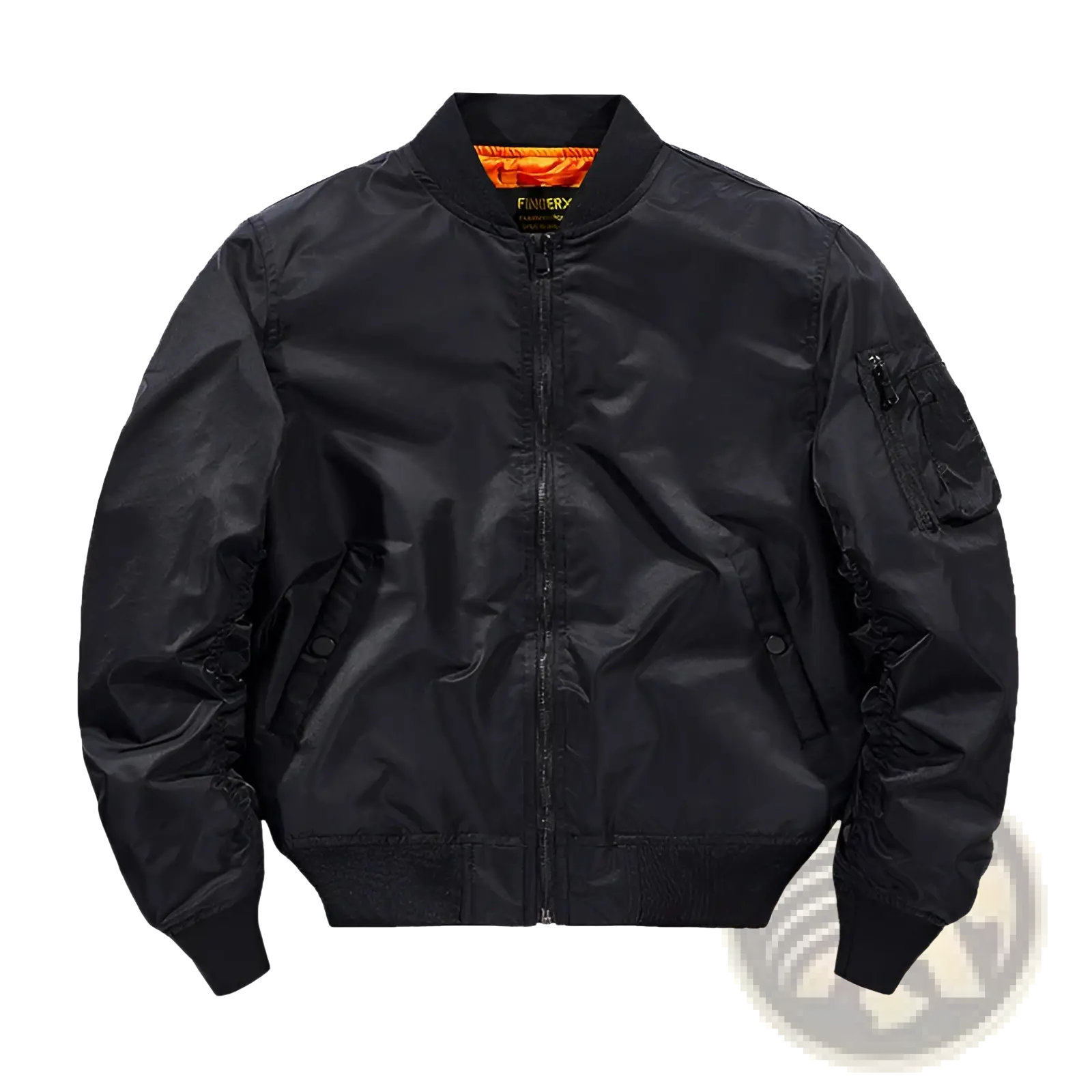 Men’s retro loose flight bomber jacket with shiny black nylon exterior, ribbed cuffs, waistband, and orange-lined fingerx collar