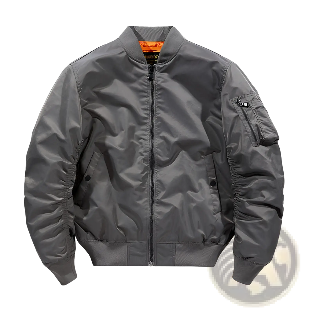 Men’s retro loose flight bomber jacket in dark gray matte finish with ribbed cuffs waistband and orange-lined collar