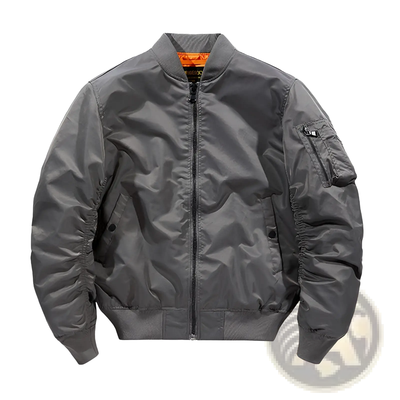 Men’s retro loose flight bomber jacket in dark gray matte finish with ribbed cuffs waistband and orange-lined collar