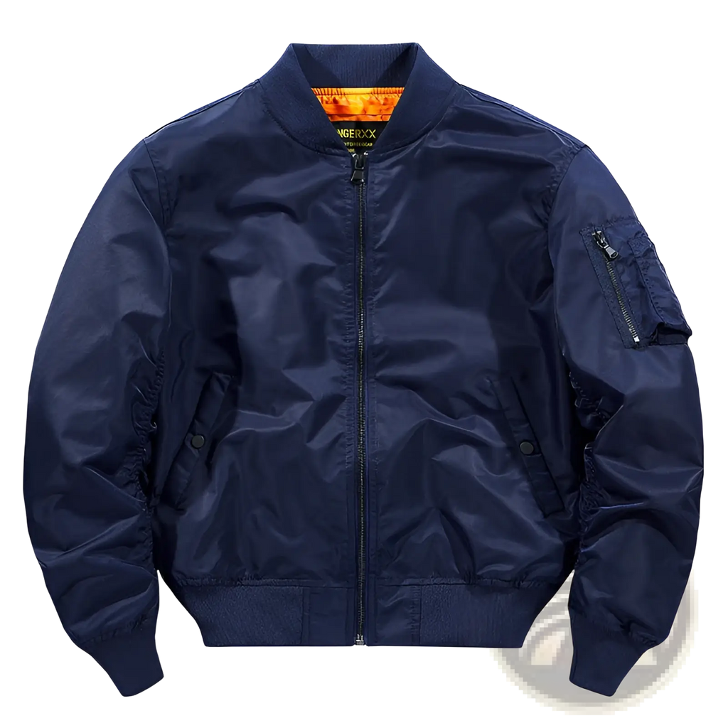 Men’s retro loose flight bomber jacket in navy blue with bright orange lining and black zipper accents for workwear