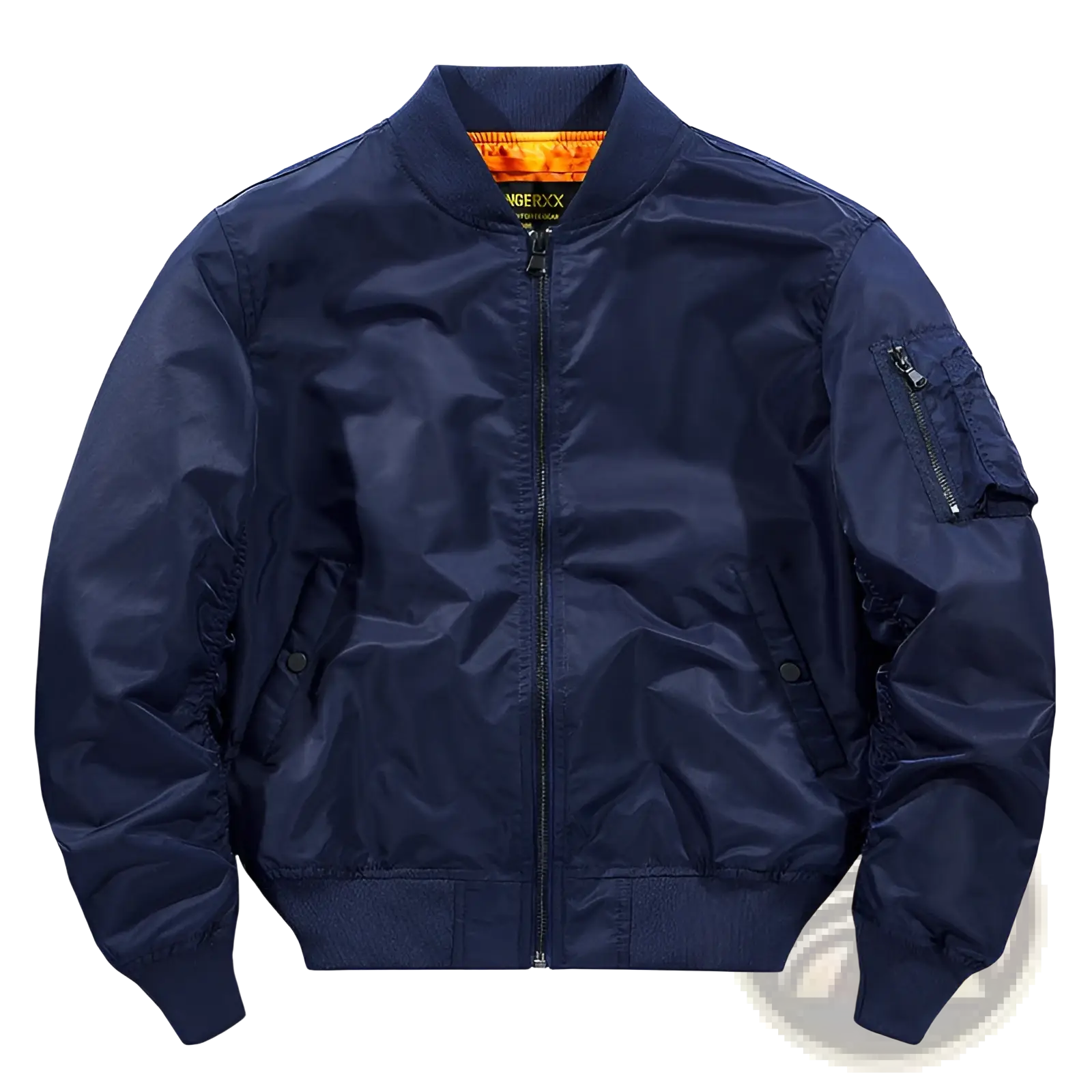 Men’s retro loose flight bomber jacket in navy blue with bright orange lining and black zipper accents for workwear