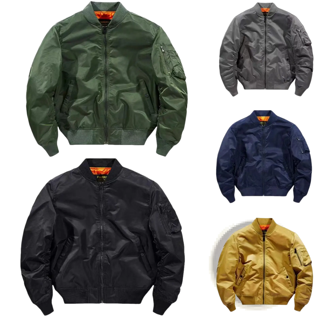 Men’s retro loose flight bomber jacket in olive green nylon with orange lining and black zipper for workwear use