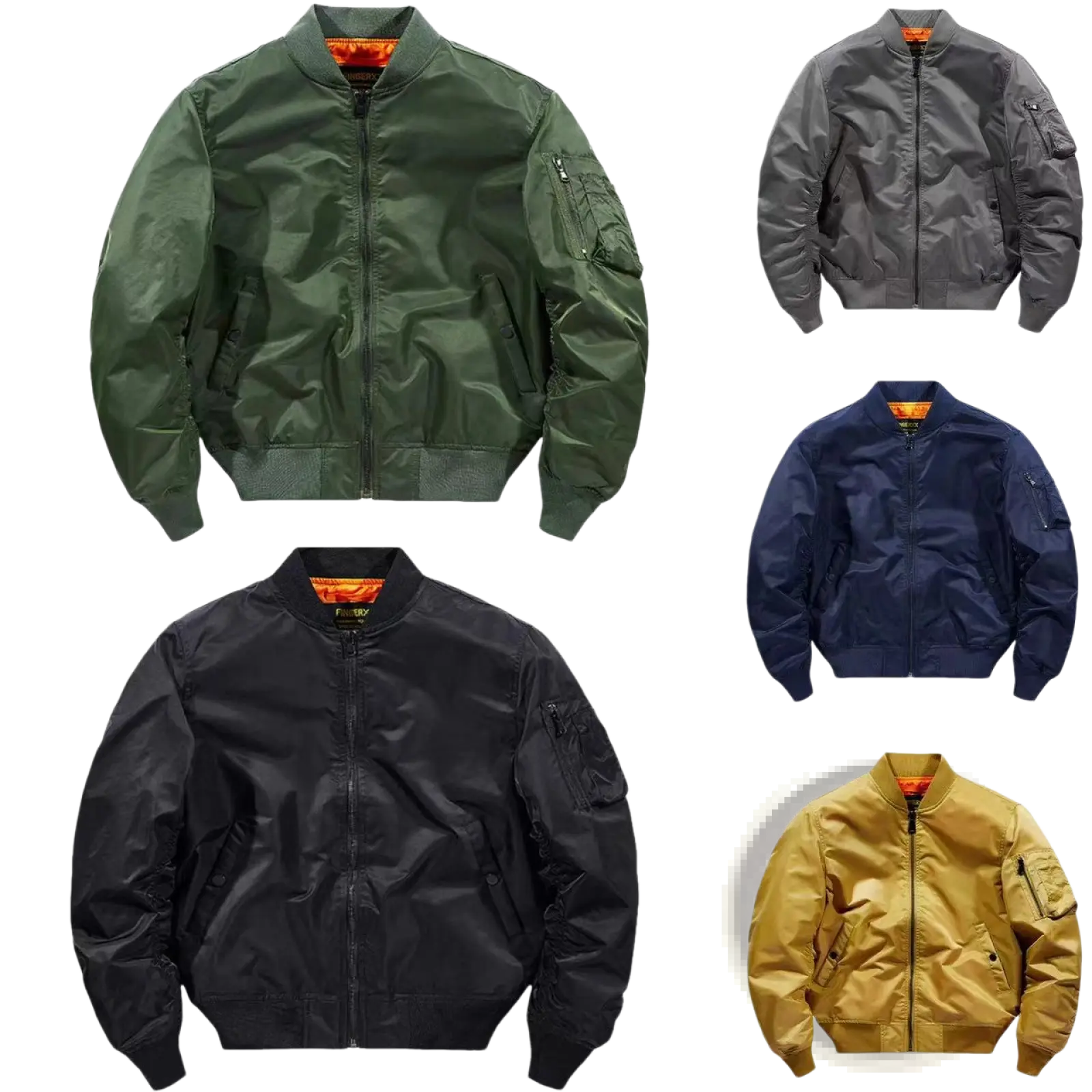 Men’s retro loose flight bomber jacket in olive green nylon with orange lining and black zipper for workwear use
