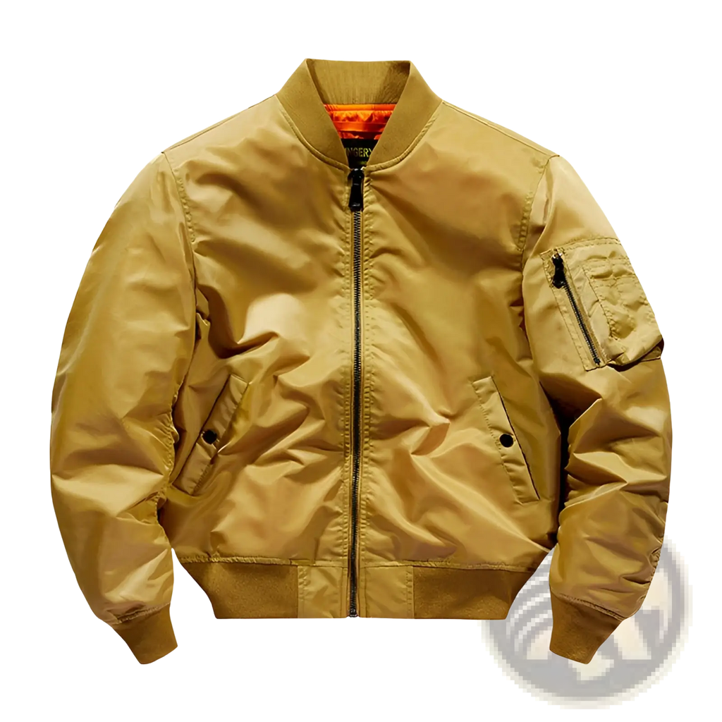 Men’s retro loose flight bomber jacket in tan shiny nylon with black zippers and an orange-lined collar for workwear
