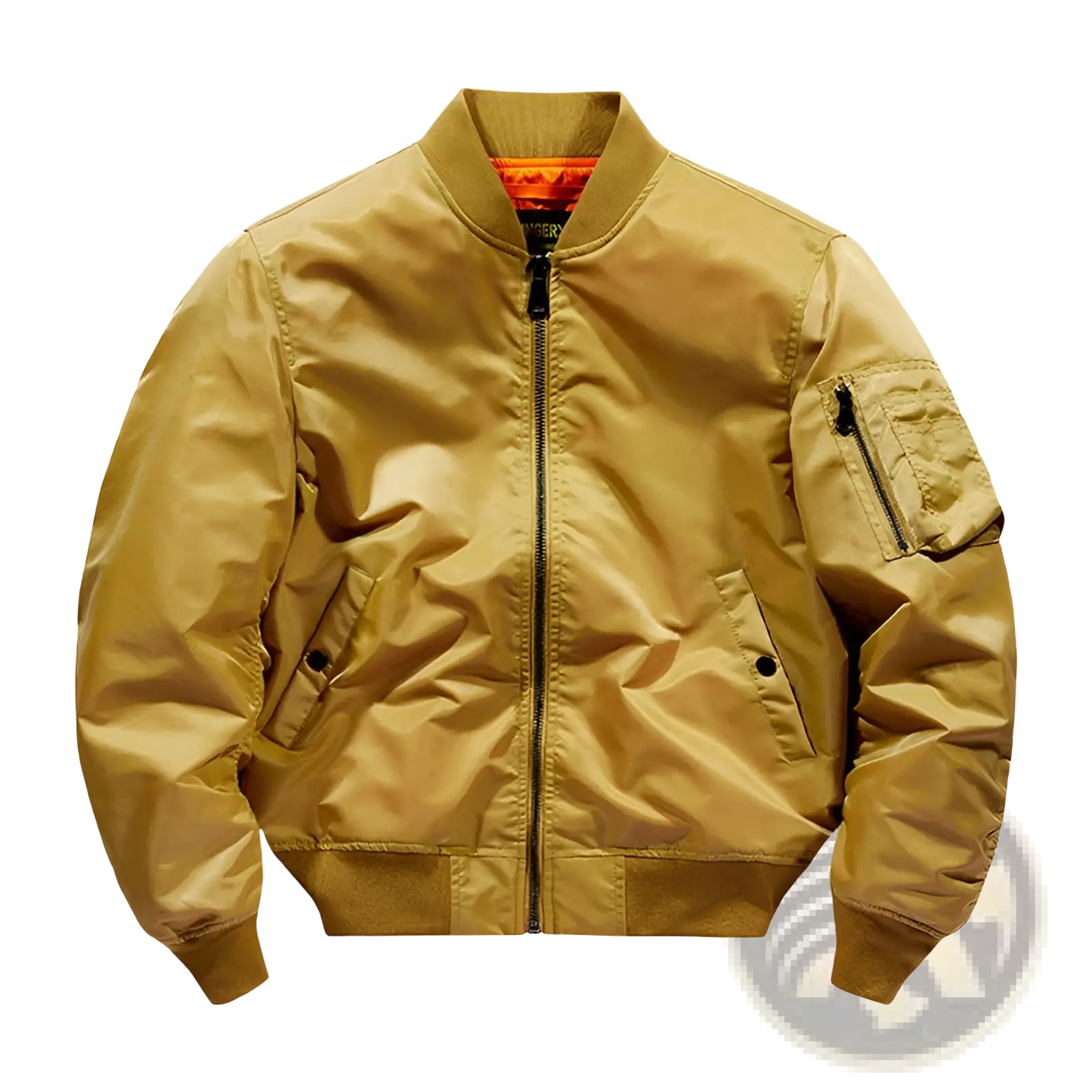 Men’s retro loose flight bomber jacket in tan shiny nylon with black zippers and an orange-lined collar for workwear