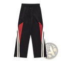 Men’s retro striped athletic track pants in black with bold red and white diagonal stripes on the sides