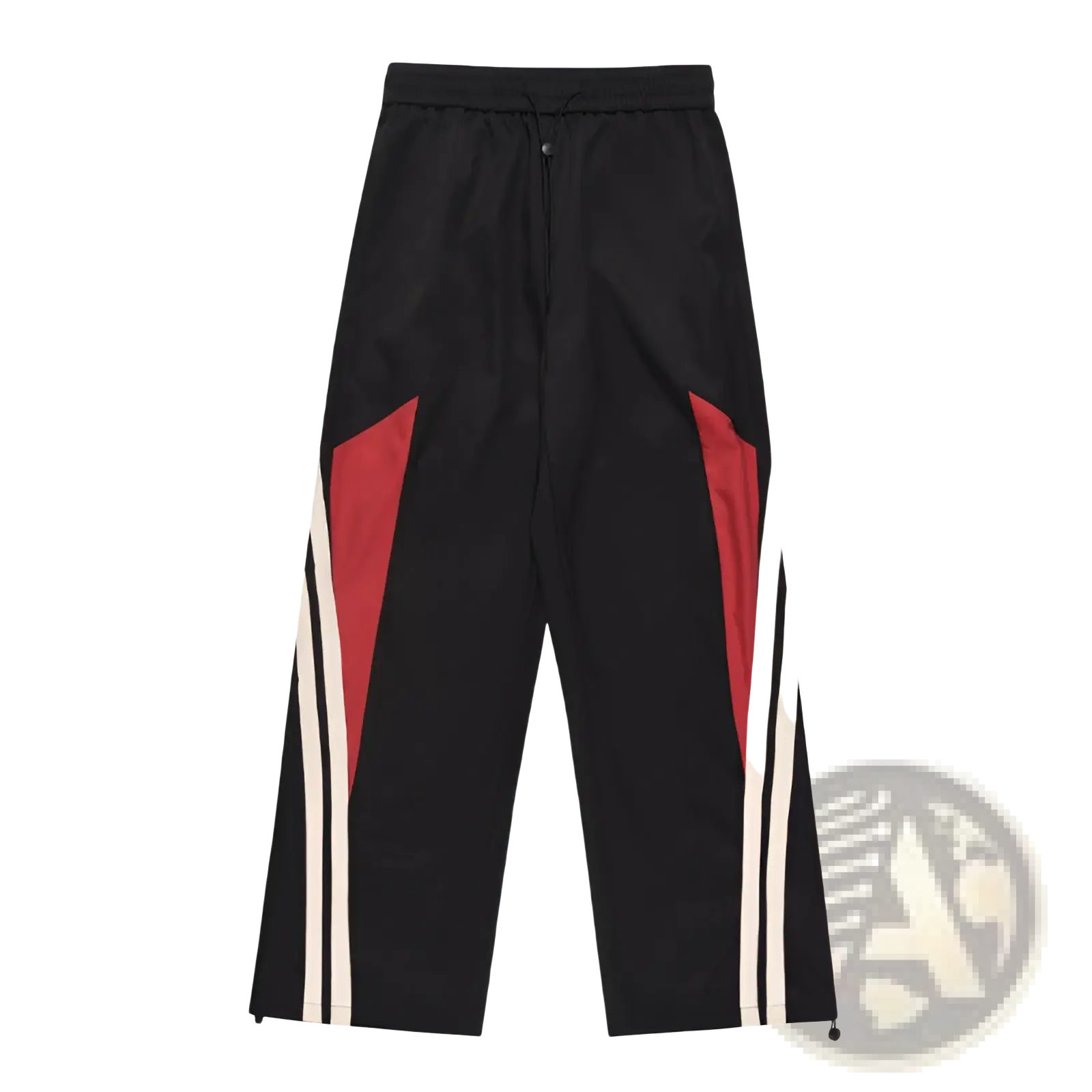 Men’s retro striped athletic track pants in black with bold red and white diagonal stripes on the sides