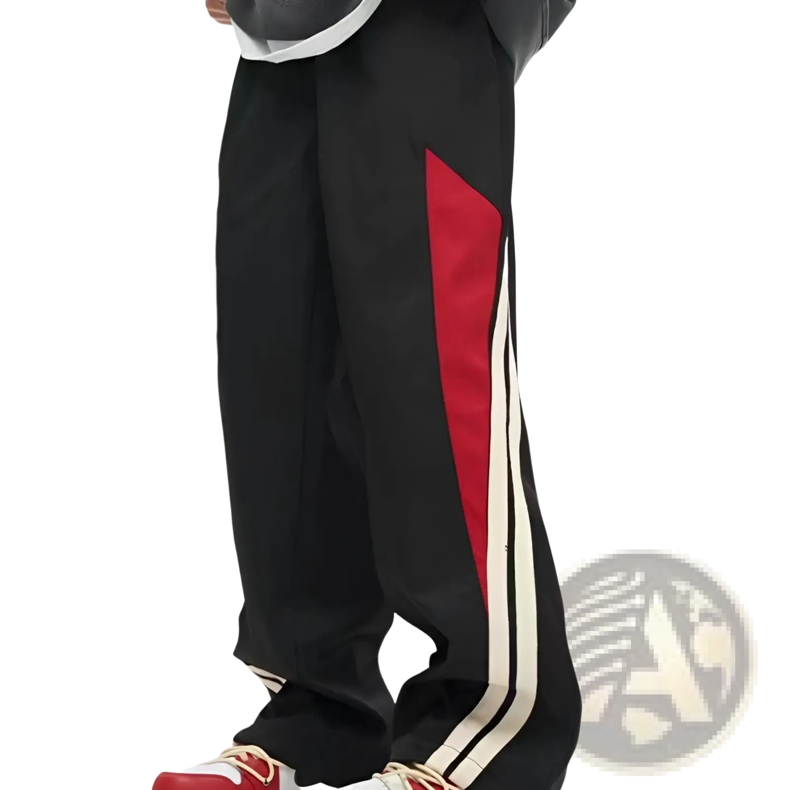 Men’s retro striped athletic track pants in black with a bold red diagonal and two parallel white side stripes