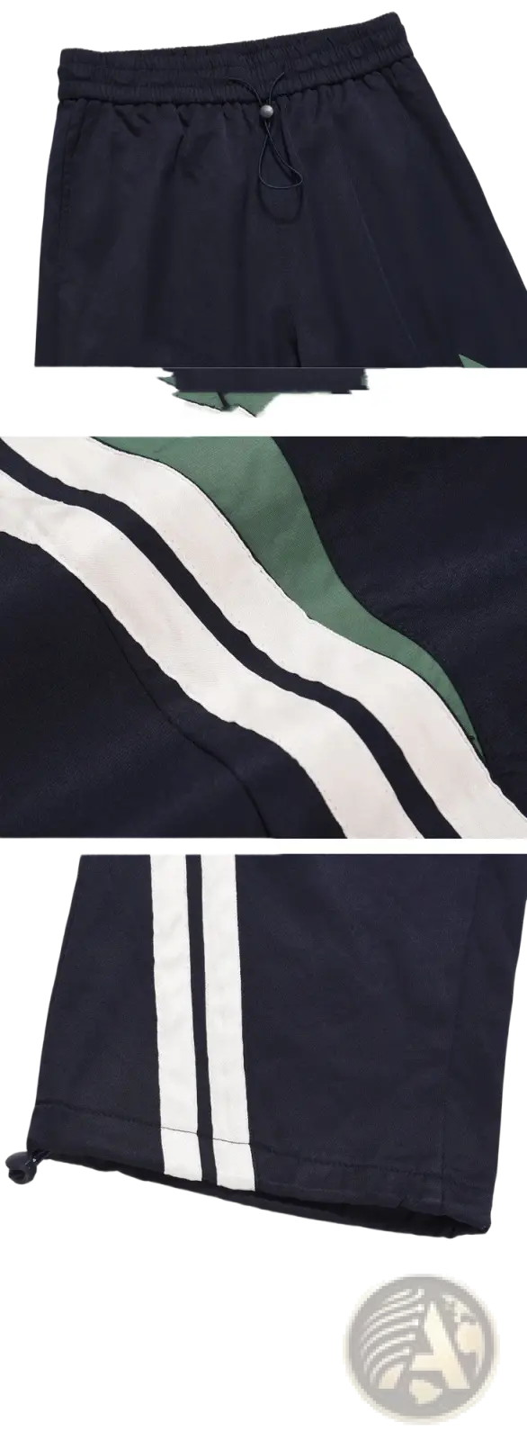 Men’s retro striped athletic track pants in black with white and green stripes, drawstring waistband, and elastic cuffs