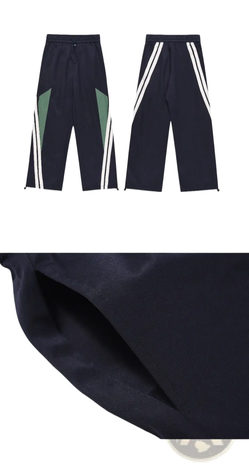 Men’s retro striped athletic track pants in dark navy with bold white and green diagonal side stripes for sportswear