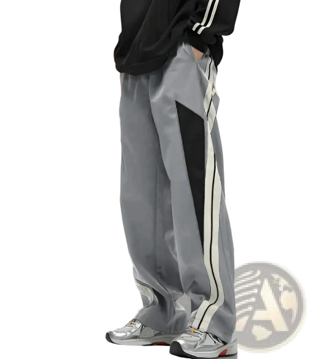 Men’s retro striped athletic track pants in gray with black side panels and white stripe accents for casual wear