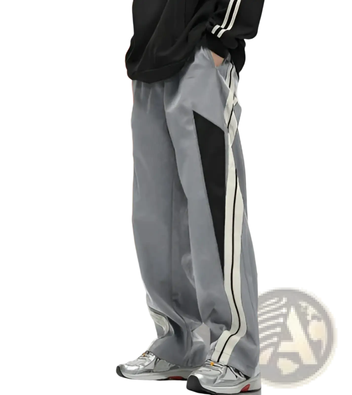 Men’s retro striped athletic track pants in gray with black side panels and white stripe accents for casual wear