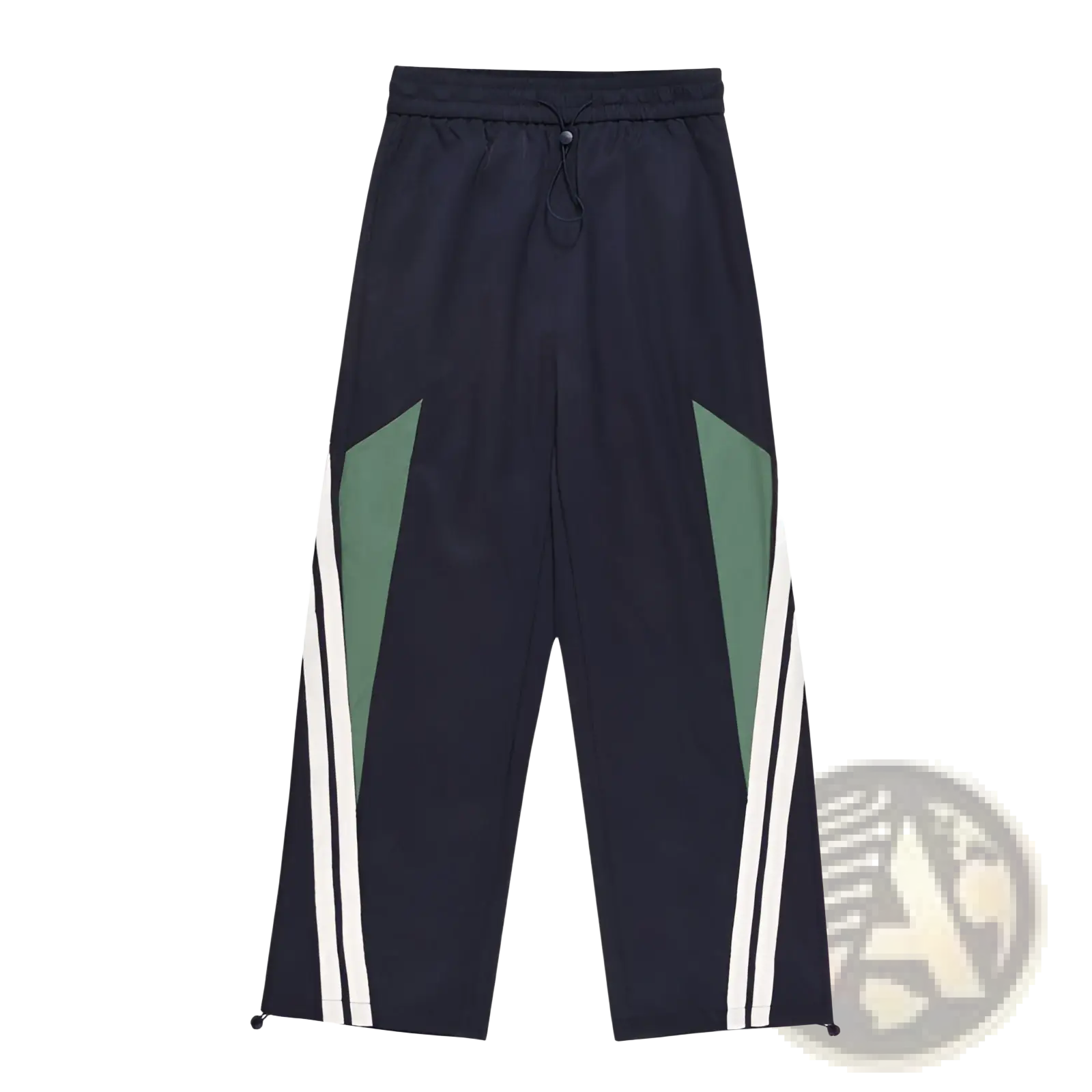 Men’s retro striped athletic track pants in dark navy with bold green and white diagonal side stripes