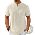 Men’s retro cream-colored short-sleeved henley shirt with textured crinkled cotton linen fabric and buttoned collar